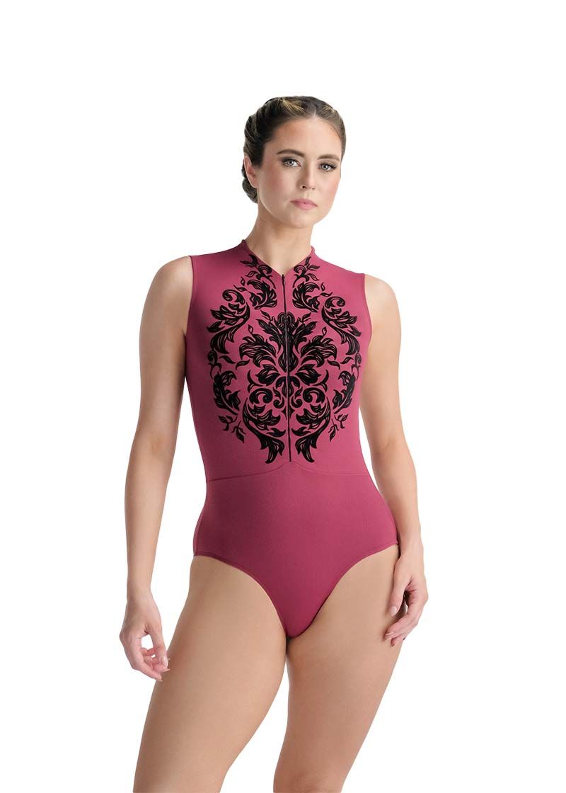 Simone Zip-Front Leotard with Velvet Embossing
