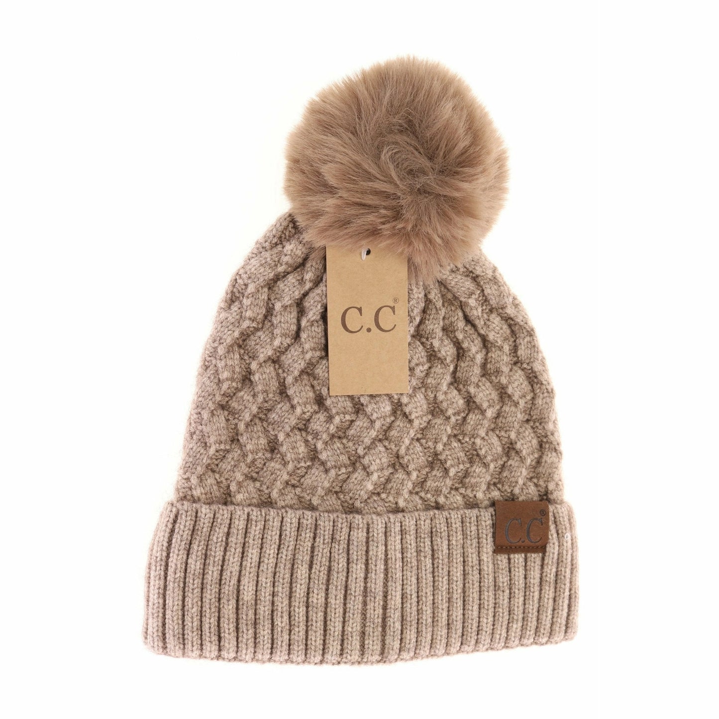 Knit Beanie Hats with Faux Fur Pom