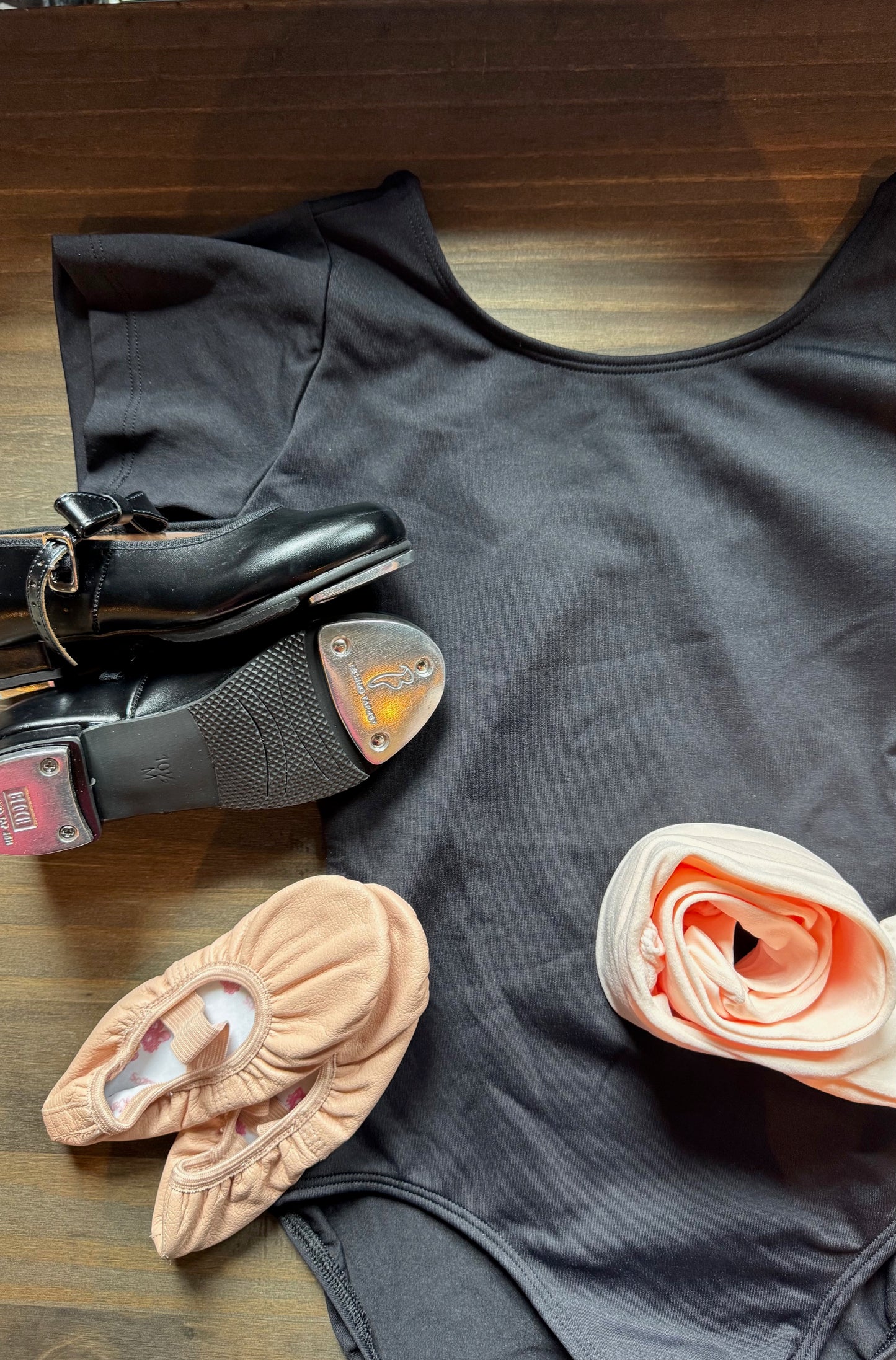 Beginner Ballet/Tap Kit - Black Leotard Size 12 - Footed Tights - Black Tap Shoes
