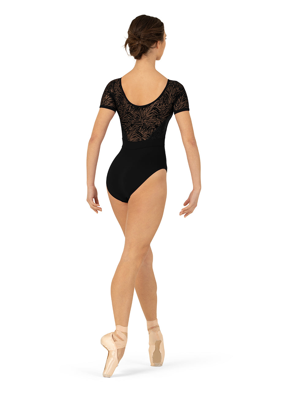 Cap Sleeve Leotard with Velvet Mesh - L3392