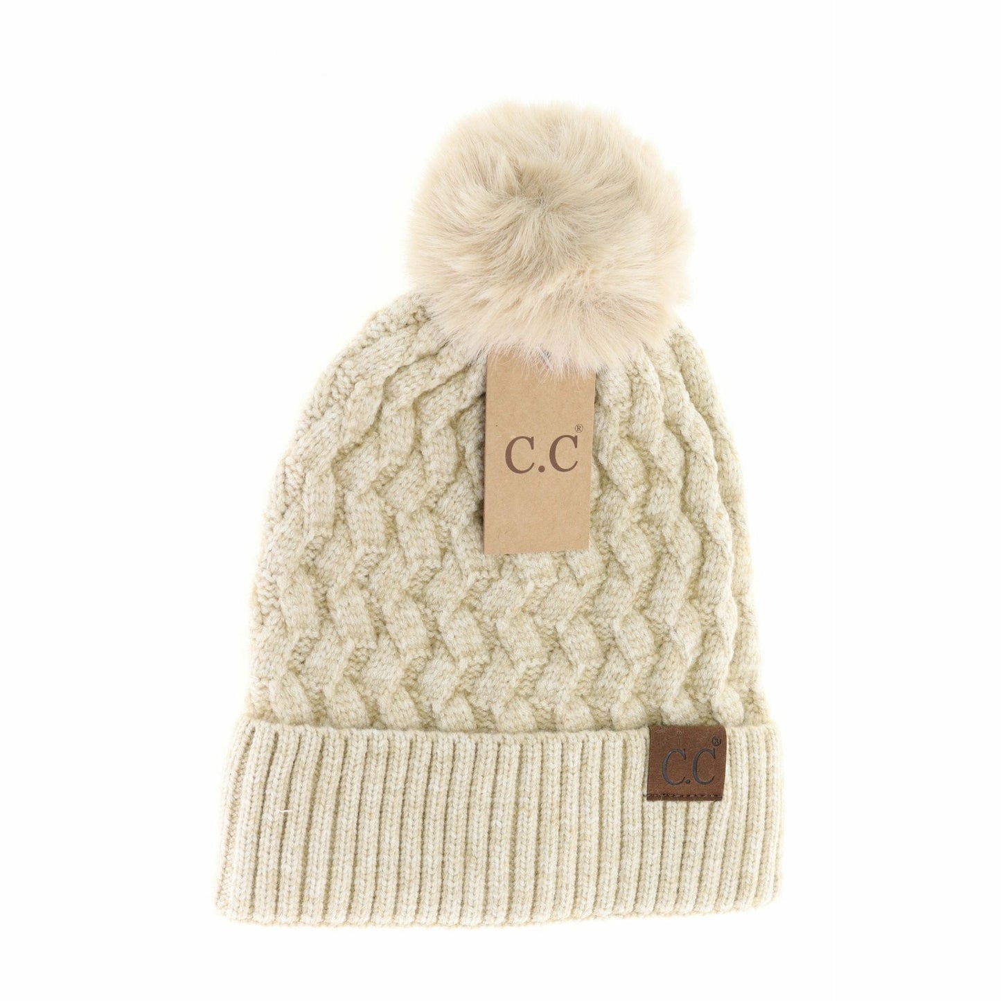 Knit Beanie Hats with Faux Fur Pom