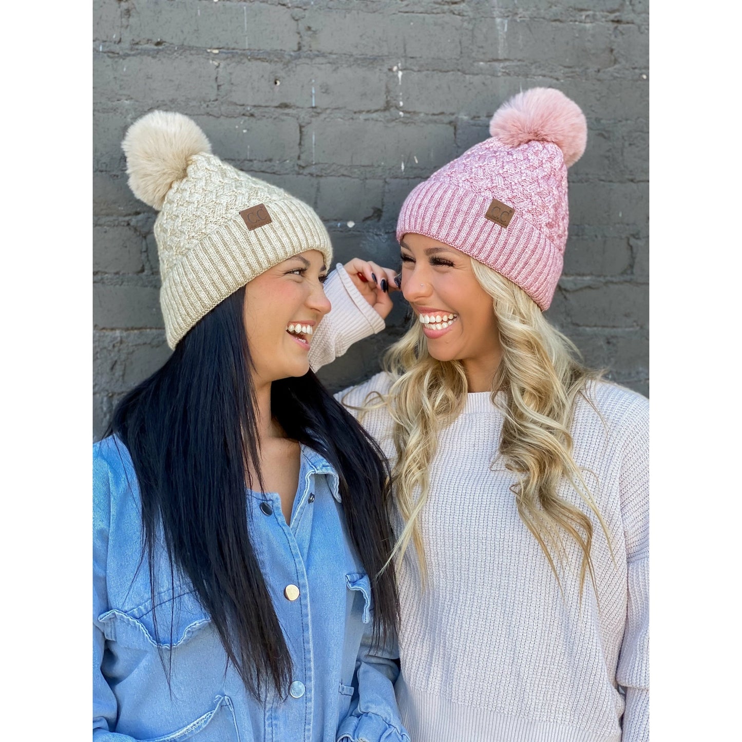 Knit Beanie Hats with Faux Fur Pom