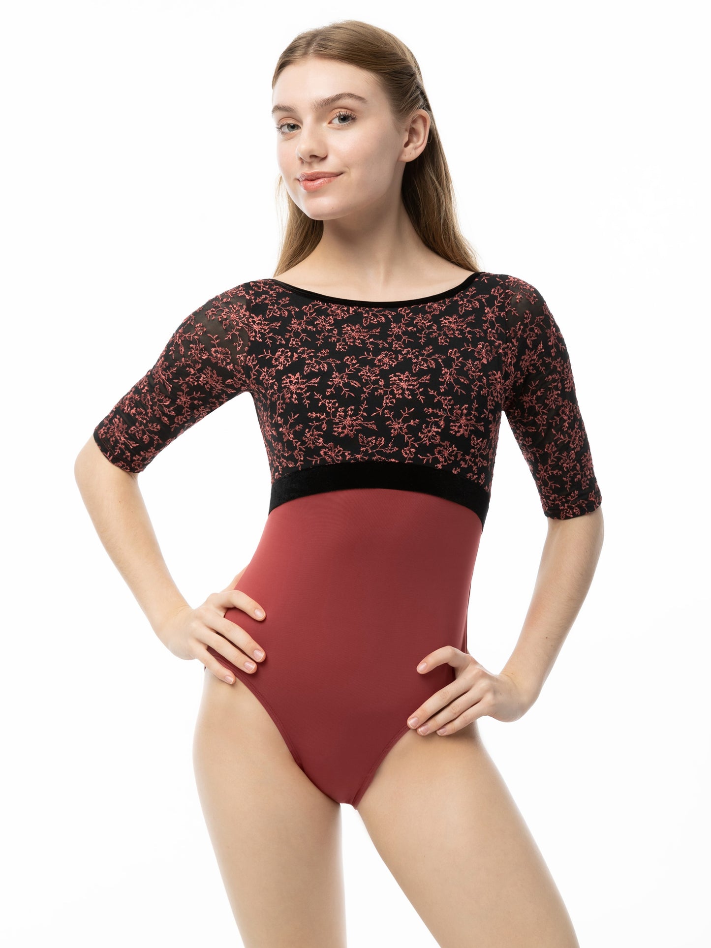 Bateau Half Sleeve Embroidered Leotard - 2567A