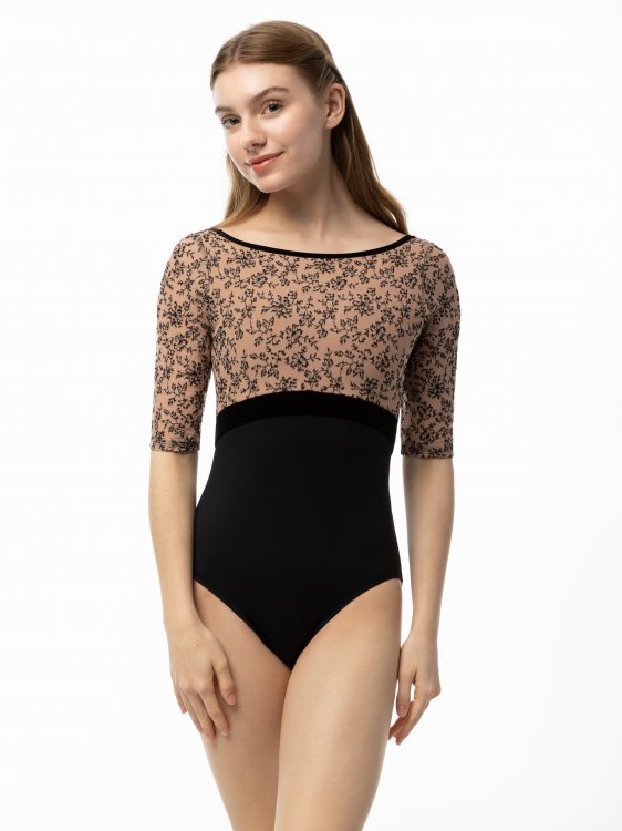 Bateau Half Sleeve Embroidered Leotard - 2567A
