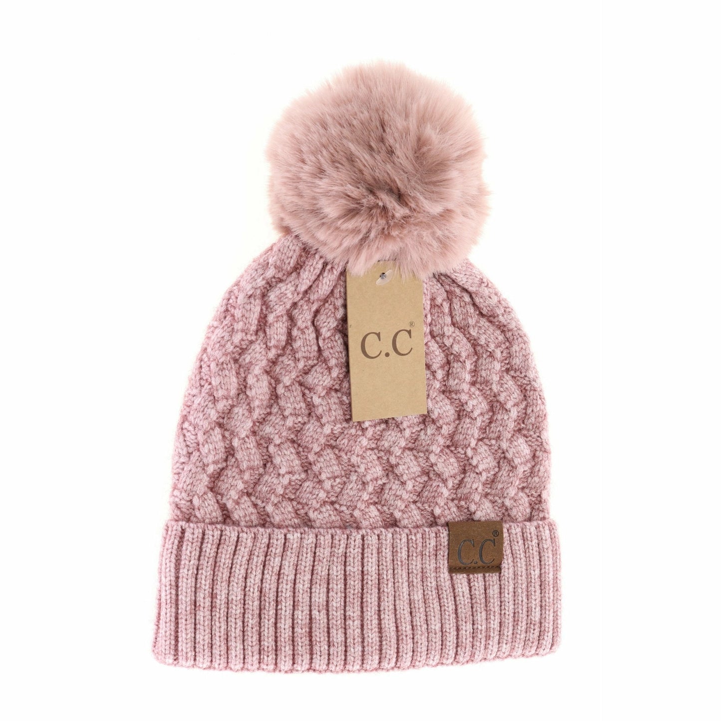 Knit Beanie Hats with Faux Fur Pom
