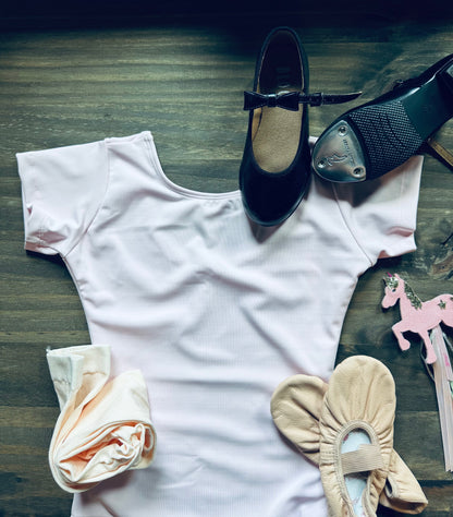 Beginner Ballet/Tap Kit - Pink Leotard Size 8-10 - Footed Tights - Black Tap Shoes