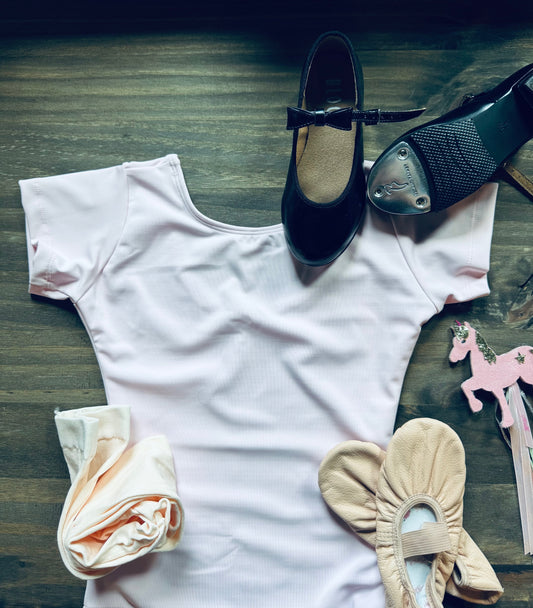 Beginner Ballet/Tap Kit - Pink Leotard Size 8-10 - Footed Tights - Black Tap Shoes