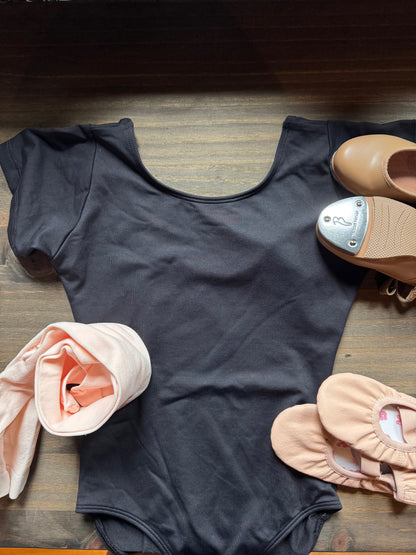 Beginner Ballet/Tap - Black Leotard Size 8-10 - Footed Tights - Tan Tap Shoes