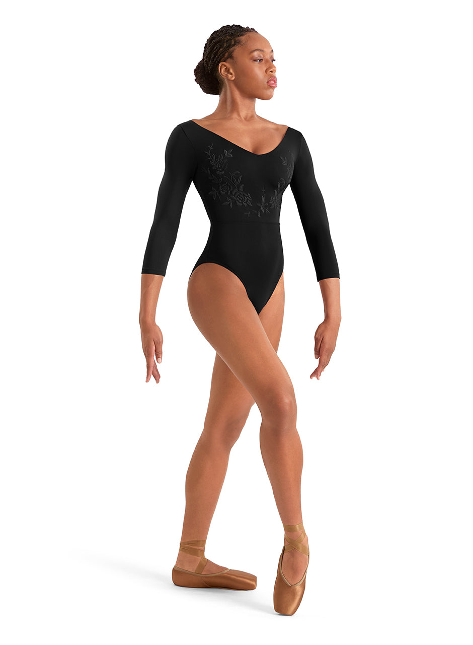 Floral Embroidery Three Quarter Sleeve Leotard - M60003LM