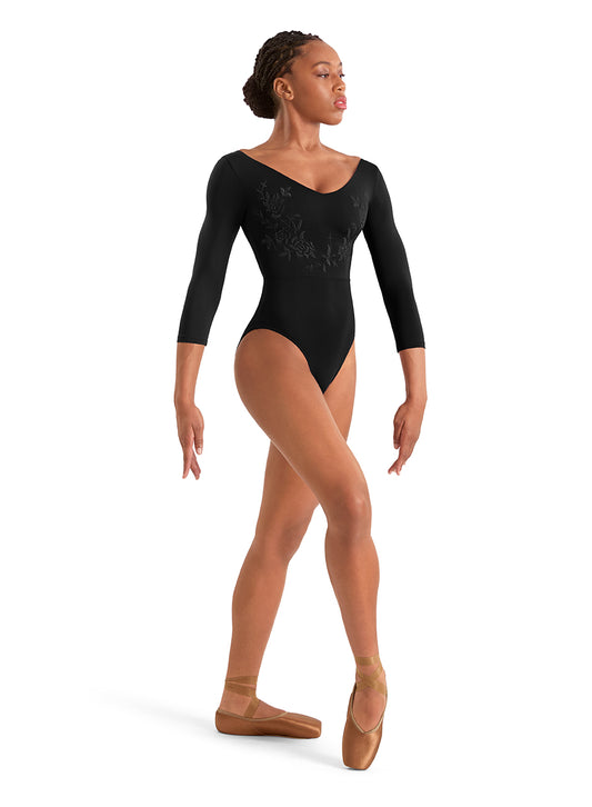 Floral Embroidery Three Quarter Sleeve Leotard - M60003LM