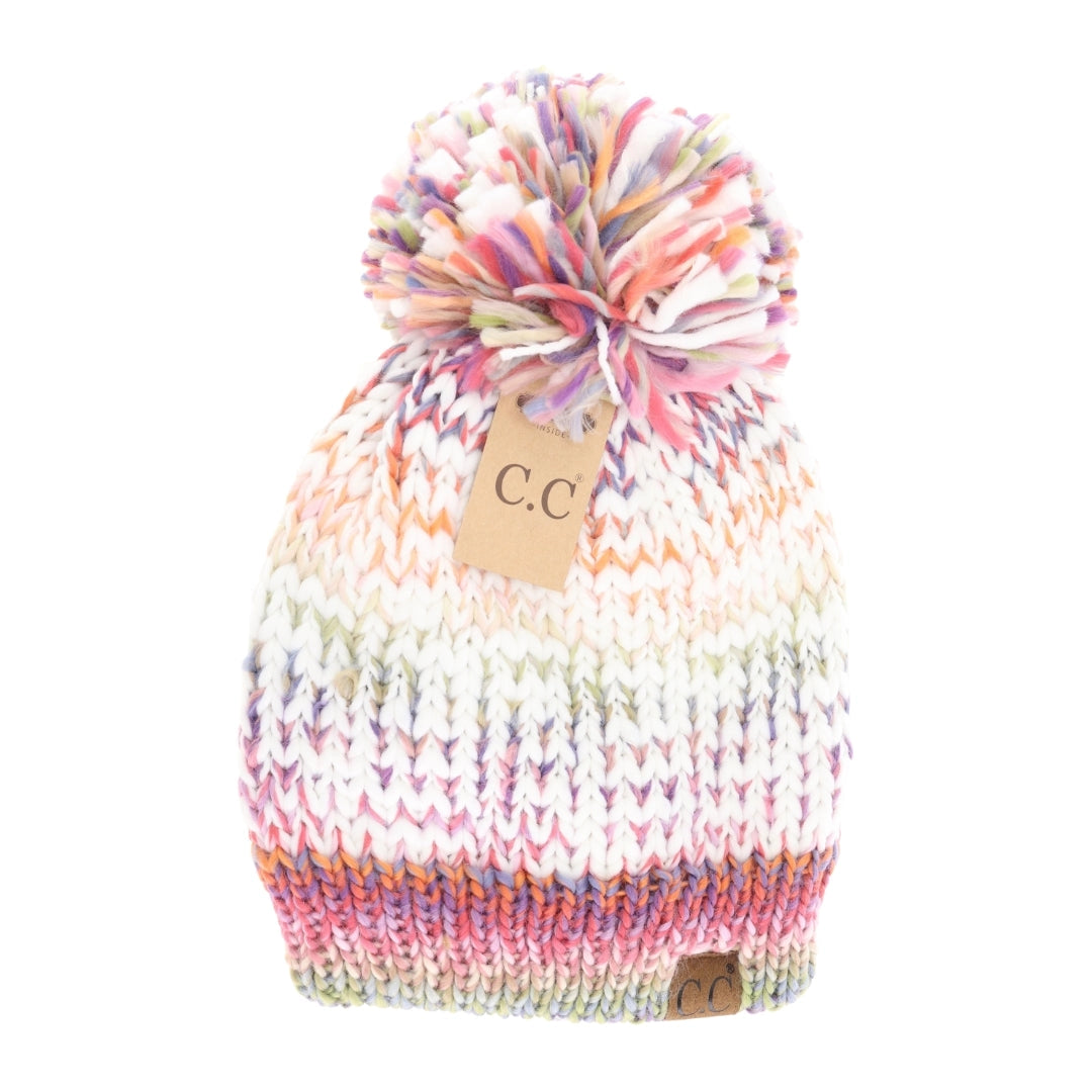Knit Beanie Hats with Multi Color Pom