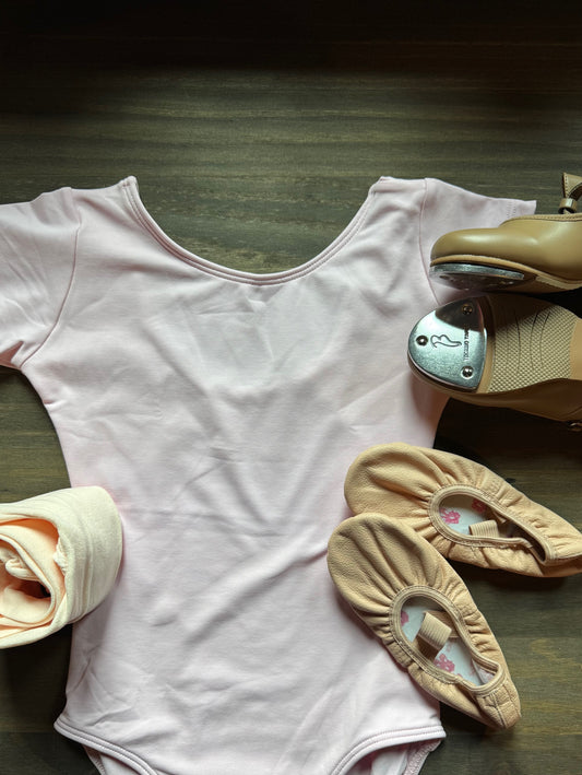 Beginner Ballet/Tap Kit - Pink Leotard Size 2-4 - Convertible Tights - Tan Tap Shoes