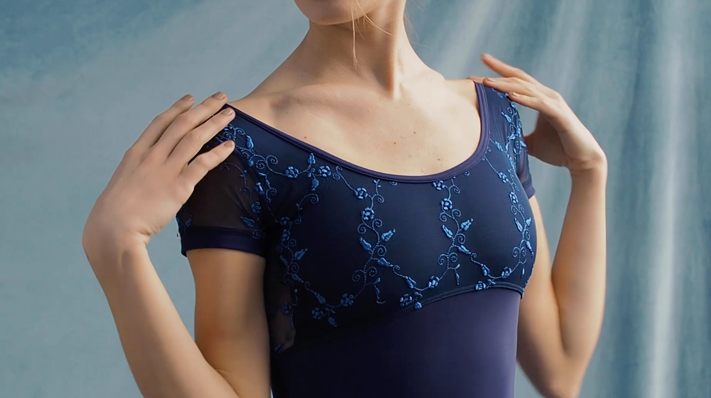 Embroidered Mesh Cap Sleeve Leotard - Iside Blu Notte