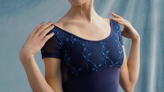 Embroidered Mesh Cap Sleeve Leotard - Iside Blu Notte