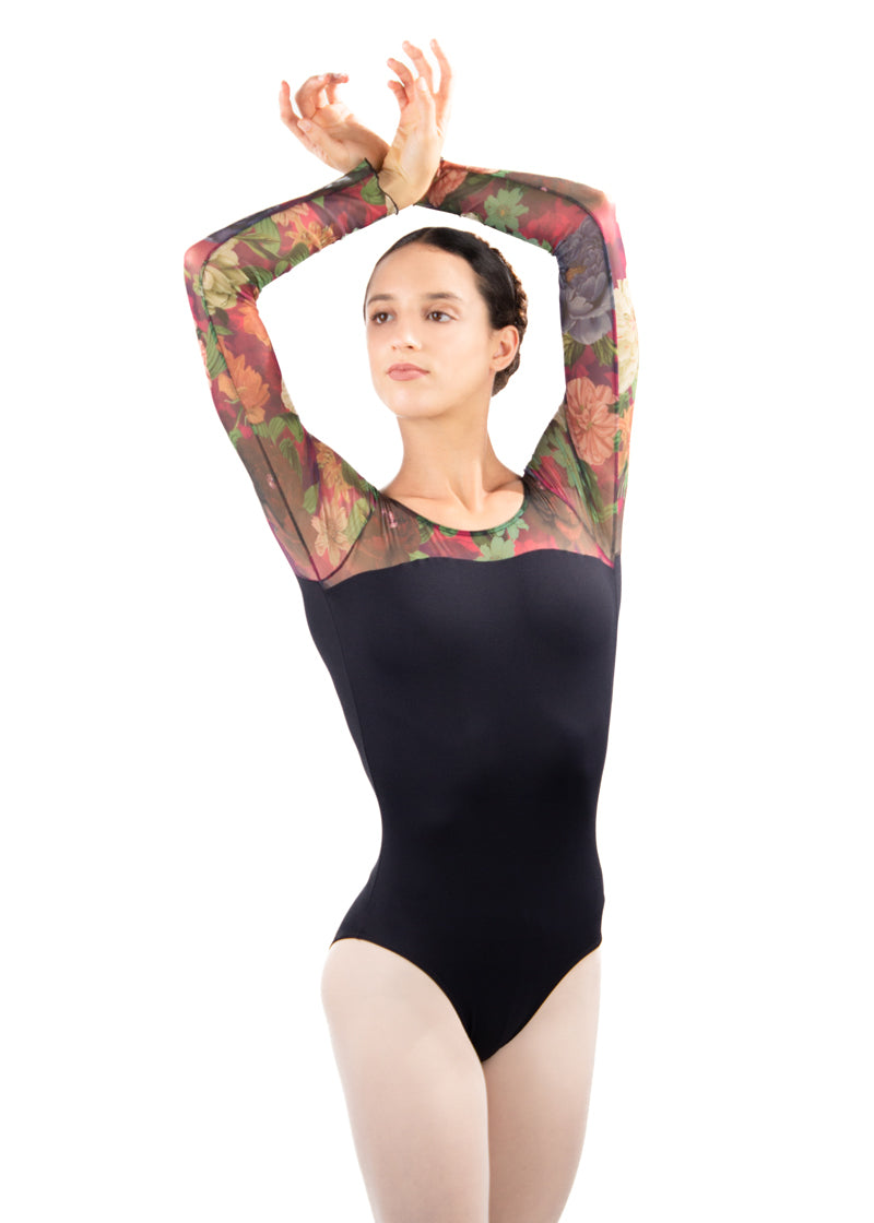 Valentina Floral Mesh Sleeve Leotard