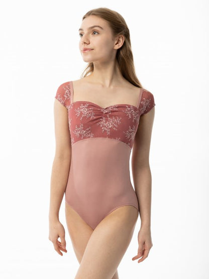 Embroidered Mesh Cap Sleeve Leotard - 2528A